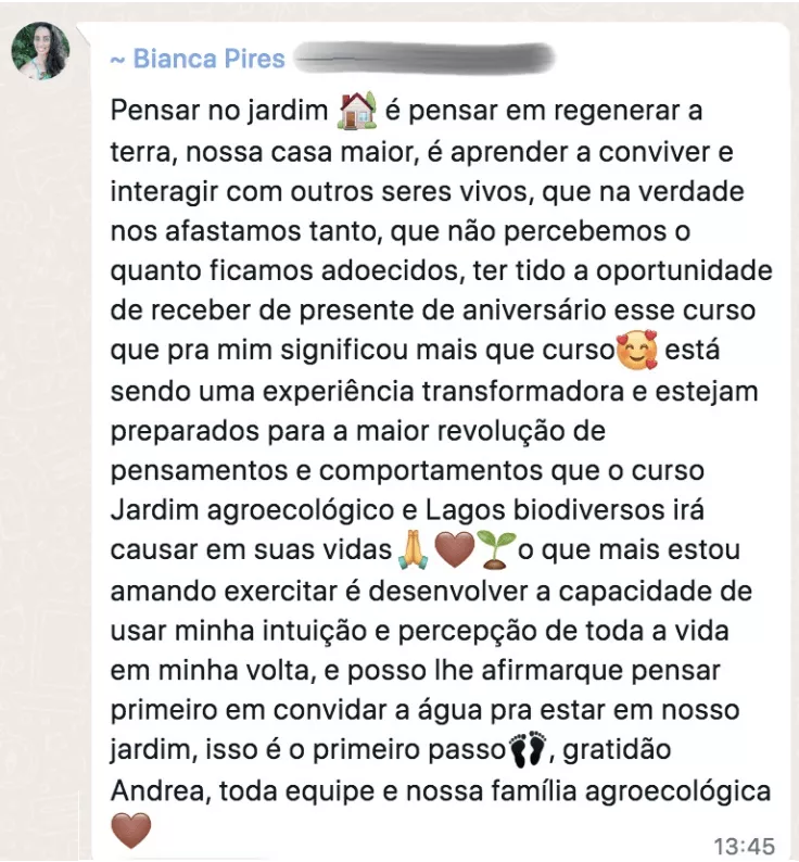 Curso O Maravilhoso Mundo dos Jardins Agroecológicos depoimentos e resultados reais